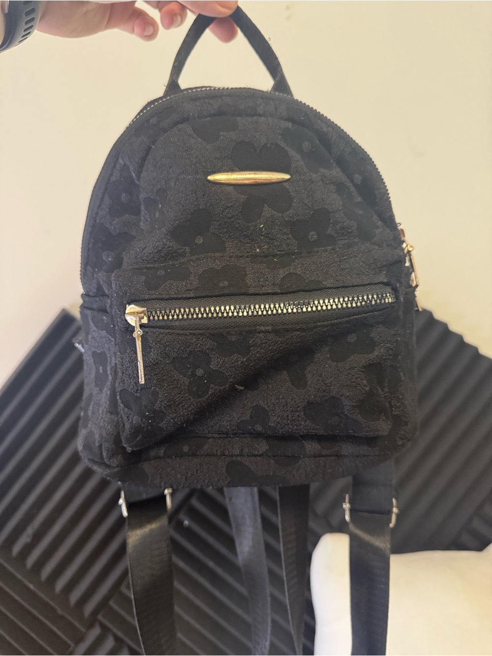 SHEIN Black Floral Mini Backpack with Gold Accents